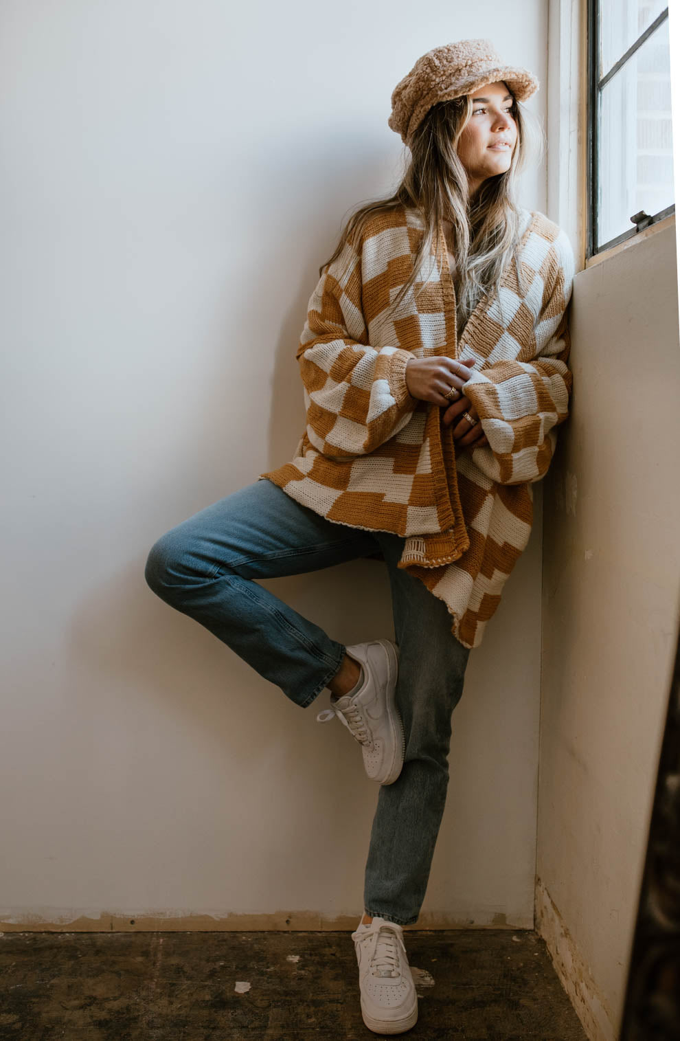 Up The Tempo Taupe Brown Checkered Sweater in 2023